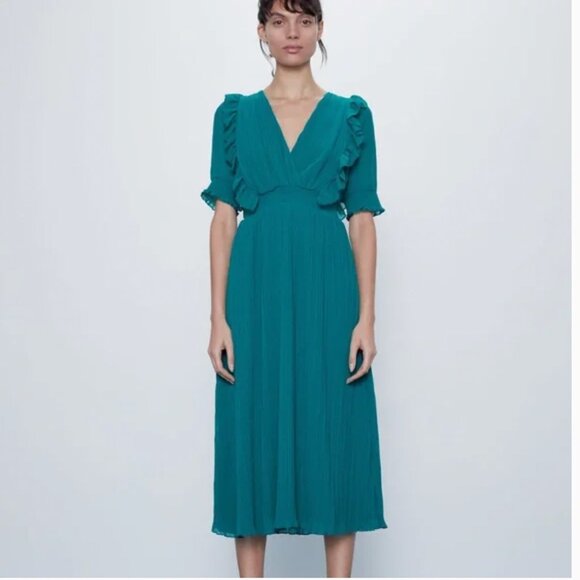 Zara teal ruffle pleated midi dress - Picture 1 of 6
